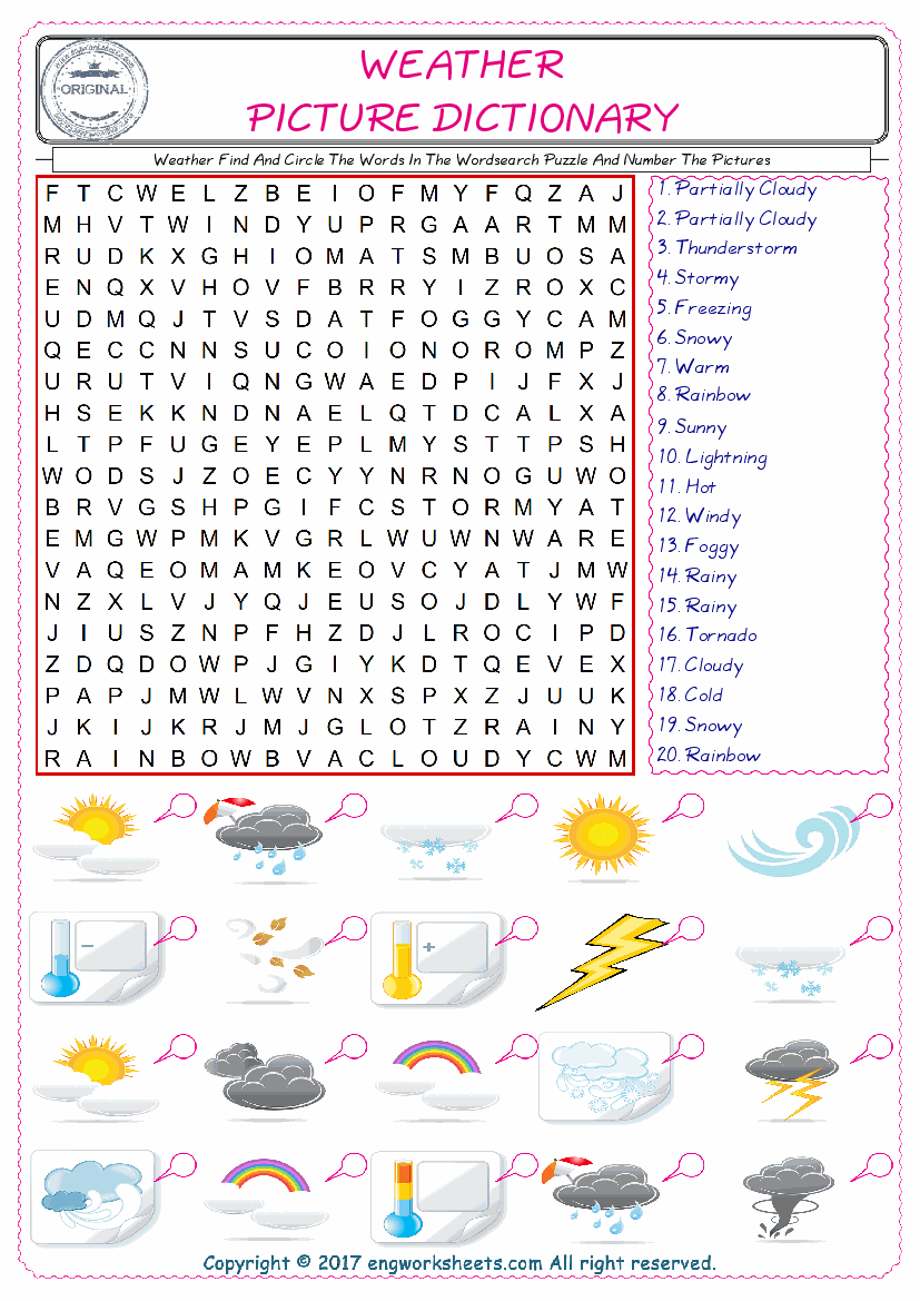  ESL wordsearch worksheets for kids, find Weather words in the word wordsearch write its number on its picture English worksheet. 